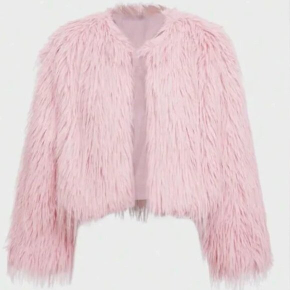 Luxury Faux Fur Cropped Coat Jacket Pink - Picture 7 of 10